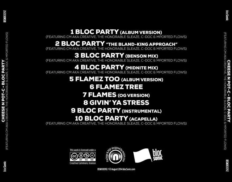 Album traycard for “Bloc Party (Featuring CM aka Creative, The Honorable Sleaze, C-Doc &amp; Mported Flows)” by Cheese N Pot-C